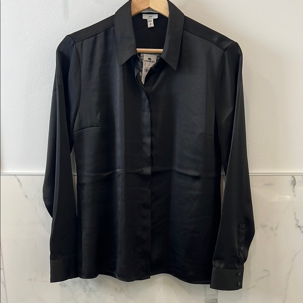 Express Women’s S Black Portofino Slim Fit Satin Button-Down